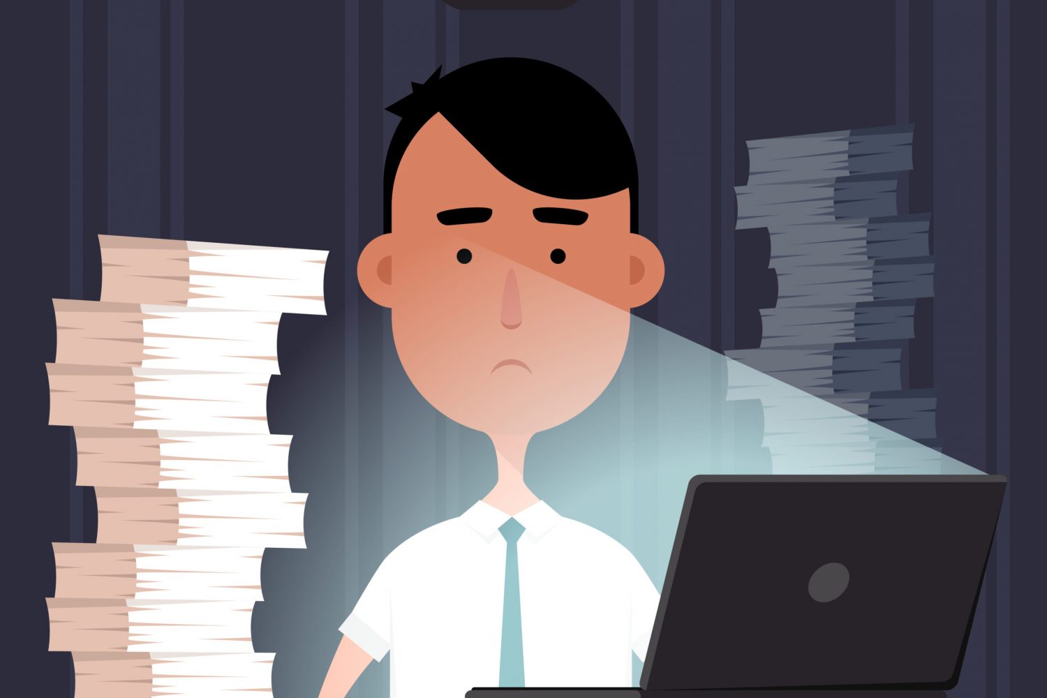 Office night work vector illustration. Unhappy and upset worker working all night. Night work with computer in office